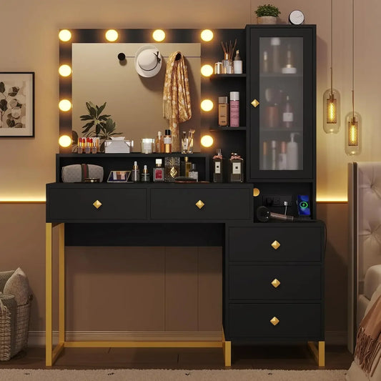 2024 Large Makeup Vanity with Lights and Charging Station Vanity Desk with Mirror and Lights Vanity Table with Nightstand Makeup