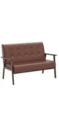 Mid-Century Modern Solid Loveseat Sofa Upholstered Faux Leather Couch 2-Seat Wood Armchair Living Room/Outdoor Lounge C