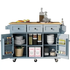 Kitchen Cart with Rubber Wood Drop-Leaf Counter top, Rolling Kitchen Island Carts with 3 Drawers and Cabinet, Kitchen Cart