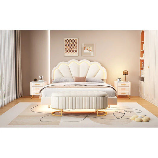 2-Pieces Bedroom Sets,Queen Size Upholstered LED Platform Bed with Storage Ottoman-Velvet,Beige