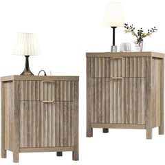 2 Drawer Nightstand,End Table with Charging Station,Night Stand with Fluted Panel,Bed Side Table Set of 2