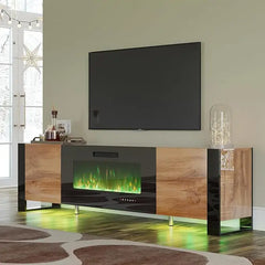 80" Fireplace TV Stand with 40" Electric Fireplace, High Gloss Entertainment Center with LED Lights, Modern Entertainment Stand