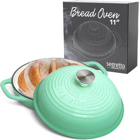 Bread Pan with Lid 11” Green Bread Oven Cast Iron Sourdough Baking Pan, Dutch Oven for Bread