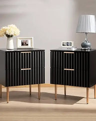 Black Night Stand Set 2, Wide Fluted Nightstand with 2 Drawers, Modern Glossy Storage Bedside Table for Bedroom, End Sid