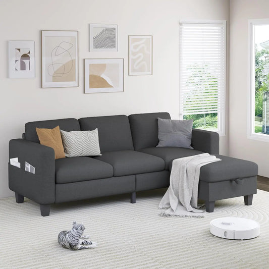 Sectional Sofa Couches for Living Room - 78'' Dark Grey 3 Seat L-Shaped Couch with Storage Ottoman