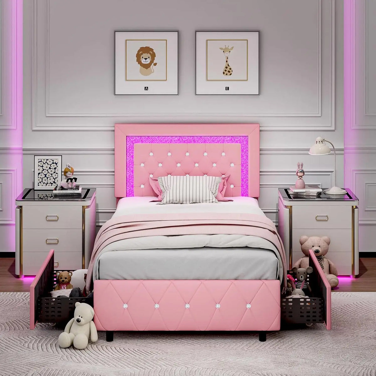 Full Size Bed Frame w LED Lights, Upholstered Bed Frame with 4 Storage Drawers,Platform Bed with Diamond Headboard and Footboard