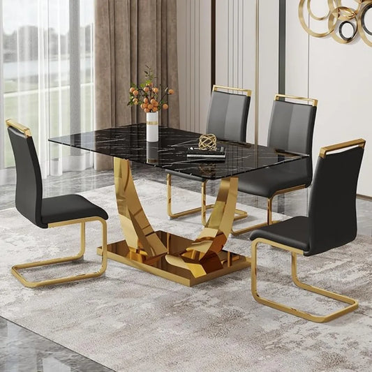 63” Glass Dining Table Set for 4,Modern Dining Room Table Set for 4,Kitchen Table and PU Leather Chairs for 4, Glass Top