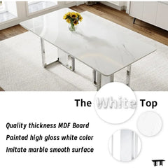 79 Inch Modern Dining Table, Capable of Accommodating 8 People, Artificial Marble Dining Table with Silver Metal Base