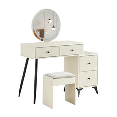 Fluted Makeup Vanity Desk with Round LED Mirror and Lights, Modern Glass Top Big Vanity Table with 4 Drawers & Adjustable Shelve