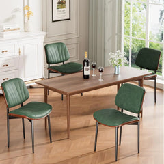 Dining Chairs Set of 8 Mid-Century Modern Upholstered PU Leather Chairs with Walnut Bentwood Back Dark Green Shell Strips