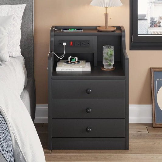 Nightstand with Charging Station,Black Night Stand for Bedroom,End Table with Hutch & Storage Drawers NEW USA