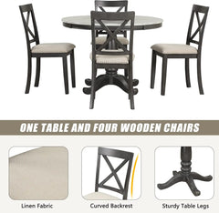 5-Piece Farmhouse Dining Table Set Wood Round Extendable Dining Table and 4 Upholstered Dining Chairs