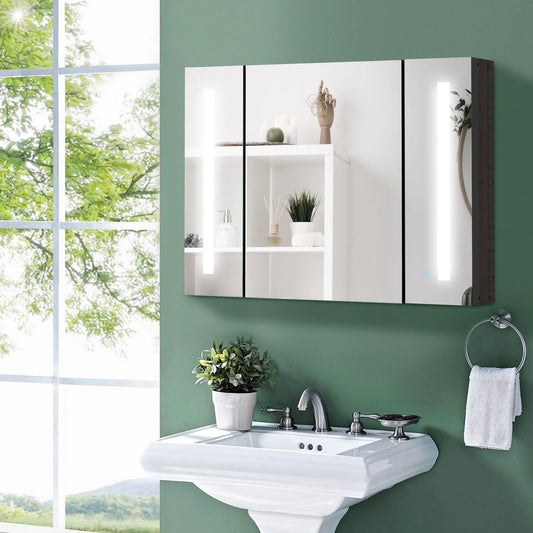 Led Medicine Cabinet Wall-Mounted Bathroom 3 Mirrored Door High Gloss Black