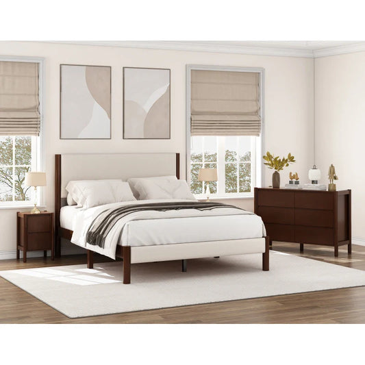 Modern minimalist style Bedroom Sets Upholestery  Frame Queen Platform Bed,with Two Nightstands.