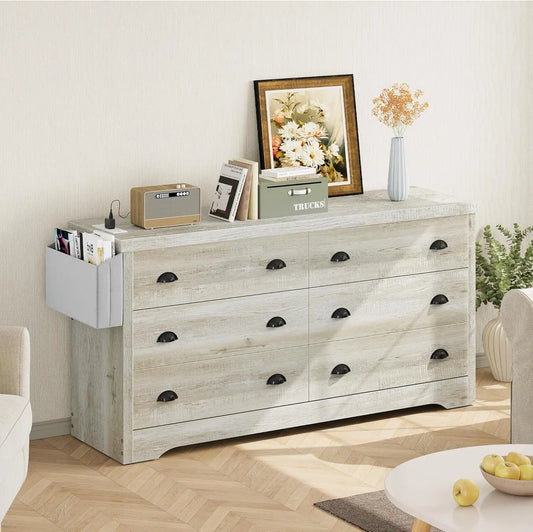 Dresser for Bedroom 6 Drawer with Charging Station, TV Stand Storage Chest of Drawers for Living Room Hallway Entryway,