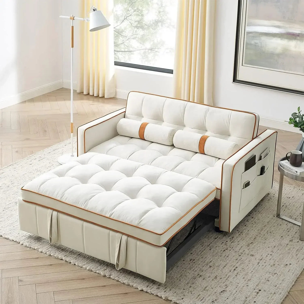 3 in 1 Sleeper Sofa Couch Bed w/Pullout Bed Adjustable Backrest,Cylinder Pillows Tufted Velvet Convertible Loveseat Futon Sofa