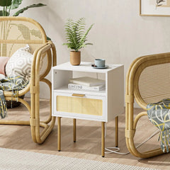 Rattan Nightstand with Charging Station, 2 Drawer Dresser for Bedroom, Small Bedside Table with 2 Drawers, Night Stand,