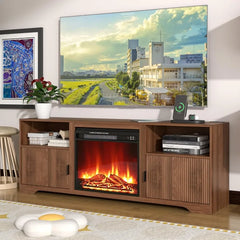 Fireplace TV Stand for Television up to 80 Inch,Entertainment Center with Adjustable Shelf,Mid-Century Modern Fluted TV Stand