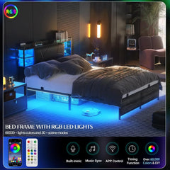 Queen Size Bed Frame with Charging Station and Cool LED Lights, Sturdy Platform Bed with Upholstered Storage Headboard