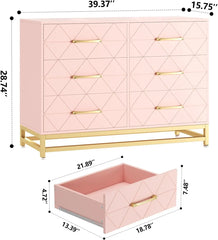 Dresser for Bedroom with 6 Drawer, TV Stand Dressers Chest of Drawers for Hallway Entryway, Pink