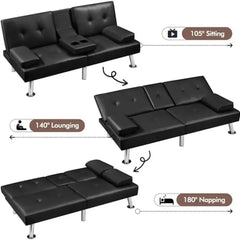 Convertible Futon Sofa Bed Recliner Lounger Folding Sleeper Guest Bed Cup Holder Removable Faux Leather Sofa