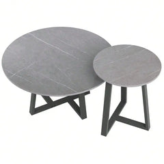 2x Modern Nesting Coffee Table fr Living Room Round Marble Top Carbon Steel Base