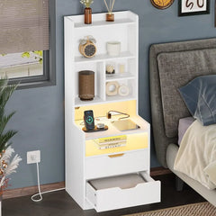 Tall Night Stand with Charging Station and LED Lights,White Nightstand with Bookshelf,Bedside Table with Drawers & Power Outlets