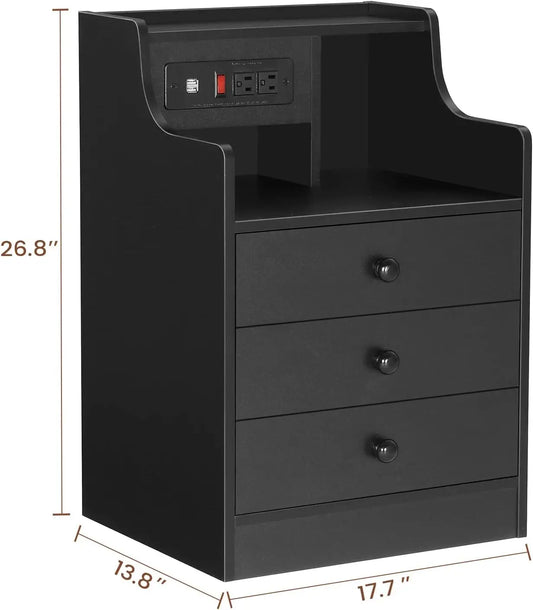 Nightstand with Charging Station,Black Night Stand for Bedroom,End Table with Hutch & Storage Drawers NEW USA