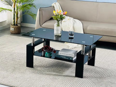 Living Room Rectangle Coffee Table, Tea Table Suitable for Waiting Room, Modern Side Coffee Table with Wooden Leg, Glass