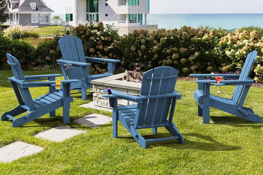 Folding Adirondack Chair, HDPE Adirondack Chairs Set of 4, Plastic Outdoor Chairs- Looks Exactly Like Real Wood- Navy