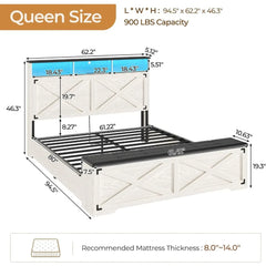 Farmhouse Queen Bed Frame with Storage Headboard,Charging Station and LED Lights Queen Size Platform Frame with ,Antique White