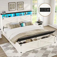 Farmhouse Queen Bed Frame with Storage Headboard,Charging Station and LED Lights Queen Size Platform Frame with ,Antique White