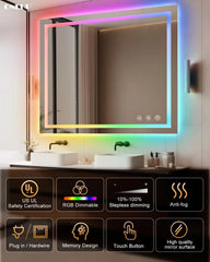 40x36 Inch Bathroom Mirror with Lights,RGB Color Changing LED Bathroom Mirror Anti-Fog Wall-Mounted Vanity Mirrors Smart