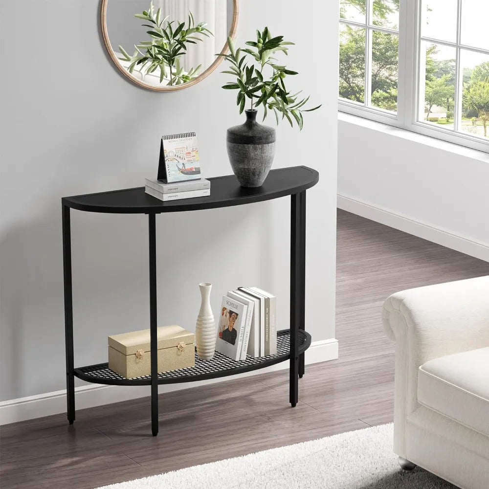 Black Half Moon Console Table 2 Tier Narrow Entryway Table with Storage Modern Couch Table Small Entry Way Tables