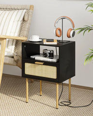 Rattan Nightstand with Charging Station, 2 Drawer Dresser for Bedroom, Small Bedside Table with 2 Drawers, Night Stand,