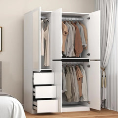 3 Door Armoire Wardrobe Closet, Wardrobe Closet with 3 Drawers, Freestanding Wardrobes with 3 Hanging Rod and a Mirror for Bedro