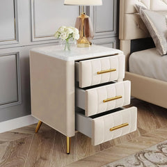 Nightstand with Drawers Set of 2, Upholstered Wood Bedside End Table with Marbling Top, 2 Pack, Beige and Beige