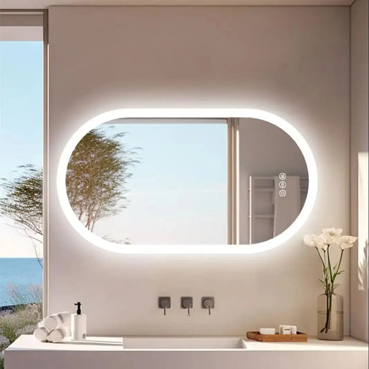 3 Sizes Oval LED Bathroom Mirror Dimmable 3 Colors Light Smart Anti Fog Wall Mounted Vanity Mirror Plug/Hardwire Install