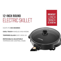 Electric Skillet 12 Inch Frying Pan with Non-Stick Coating, Temperature Control, Tempered Glass Lid, Cool-Touch Handles and Knob