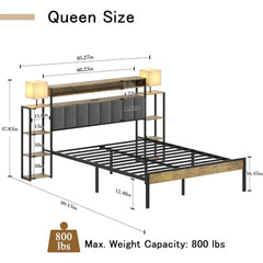 Queen Size Bed Frame with Bookcase Upholstered Headboard, Metal Platform Bedframe with Storage Nightstand and Table Lamp, Bed