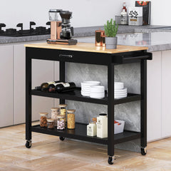 Kitchen Island Carts on Wheels w/Rubberwood Top, Mobile Rolling Cart with Storage Drawer & Shelves, Kitchen Islands Table, Black