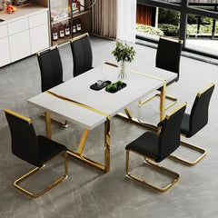 Dining Table Set for 6，MDF Kitchen Table and Leather Dining Chairs Set of 6, Modern Gold Metal Frame Dinner Table Set 6