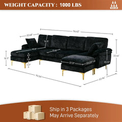 U-Shaped Sectional Sofa Couch, 4 Seat Sofa Set for Living Room, Convertible L-Shaped Velvet Couch Set with Chaise Lounge