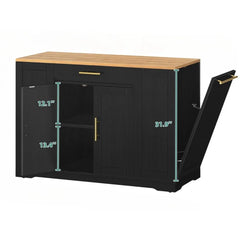 Large Rolling Kitchen Island with Trash Can Locker, Portable Mobile Island Long Float, 13 Gallon Trash Can 2 Drawers, Black