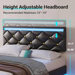 Floating Bed Frame King Size with Led Lights and USB Ports,Faux Leather Platform King Bed Frame with Headboard Easy To Assemble