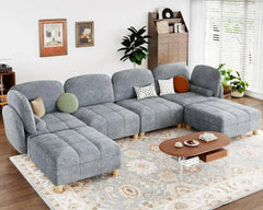 Sectional Sofa, Convertible U Shaped Sectional Sofa for Living Room 6 Seater Couch in Cozy Removable Covered Teddy Velvet Couch