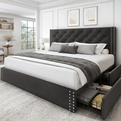 Queen Size Upholstered Bed Frame with Storage Velvet Platform Tufted Bed Frame with 4 Drawers and Headboard,  Black Bed