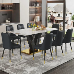 71'' Dining Table Set for 8, Modern Kitchen Table with 8 PU Leather Chairs, Marble Dining Table Set