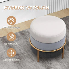 Round Vanity Stool, Linen Fabric Ottoman Footrest with Cushioned Seat,Upholstered Makeup Chair, Dressing Table Stool for Bedroom