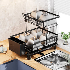 1PC Dish Drying Rack 2 Tier Large Dish Drainer Rack for Kitchen Counter, Rustproof space Saving, Black